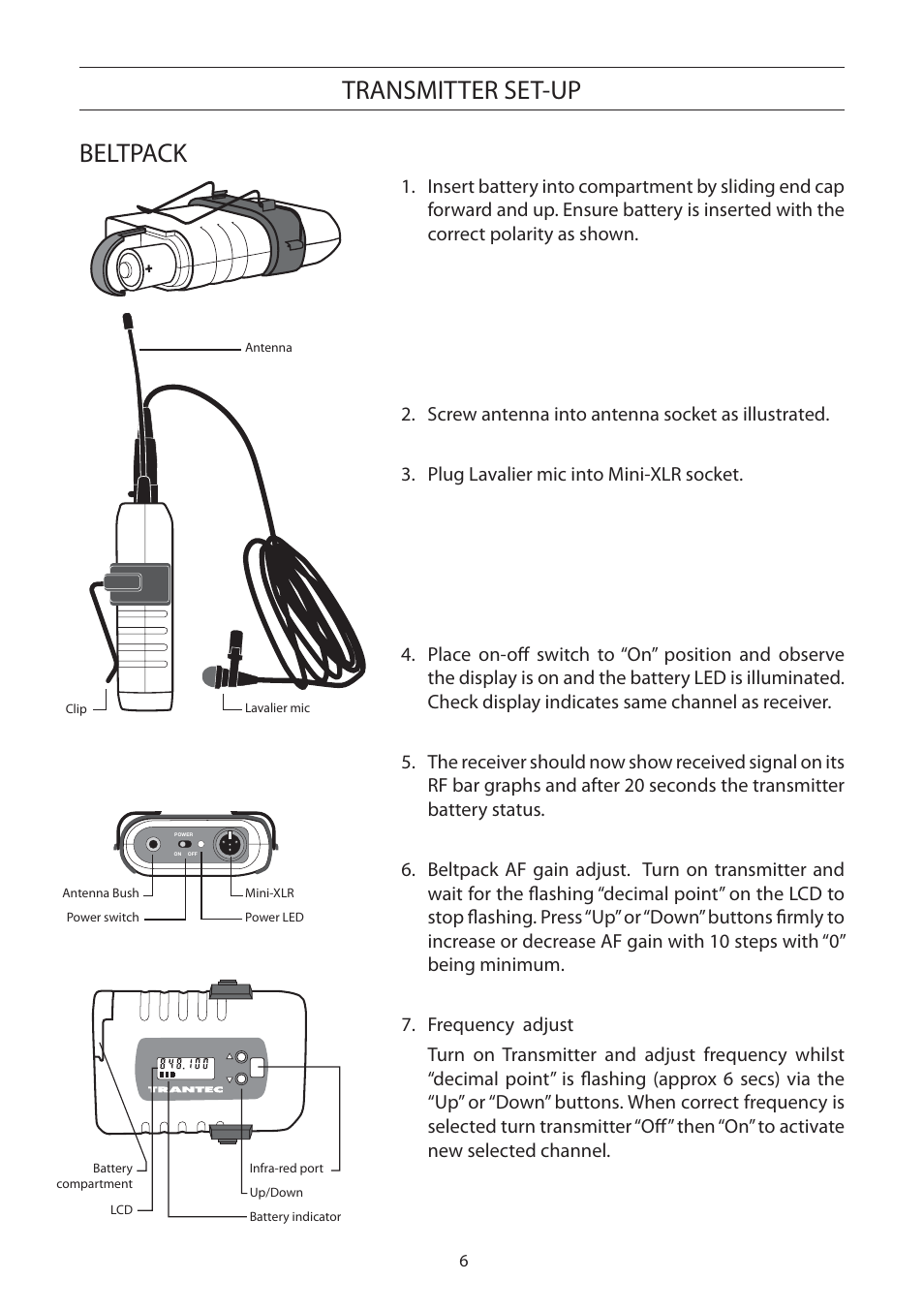 Beltpack transmitter set-up, Transmitter set-up beltpack | Toa S5 Series Manual User Manual | Page 7 / 12