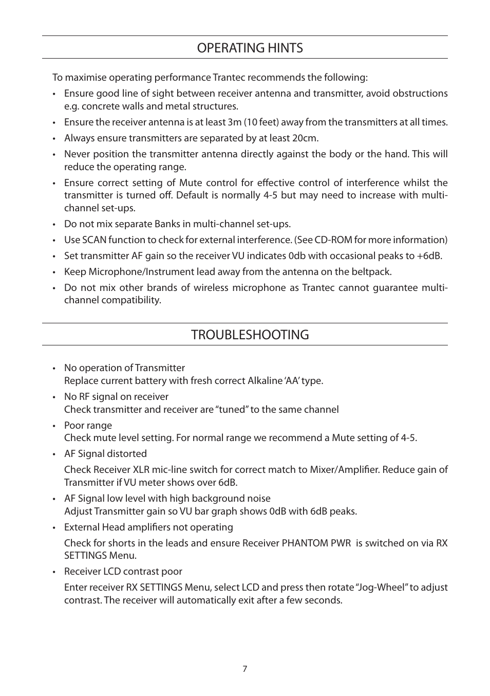 Operating hints and troubleshooting guide, Operating hints, Troubleshooting | Toa S5 Series Manual User Manual | Page 8 / 12