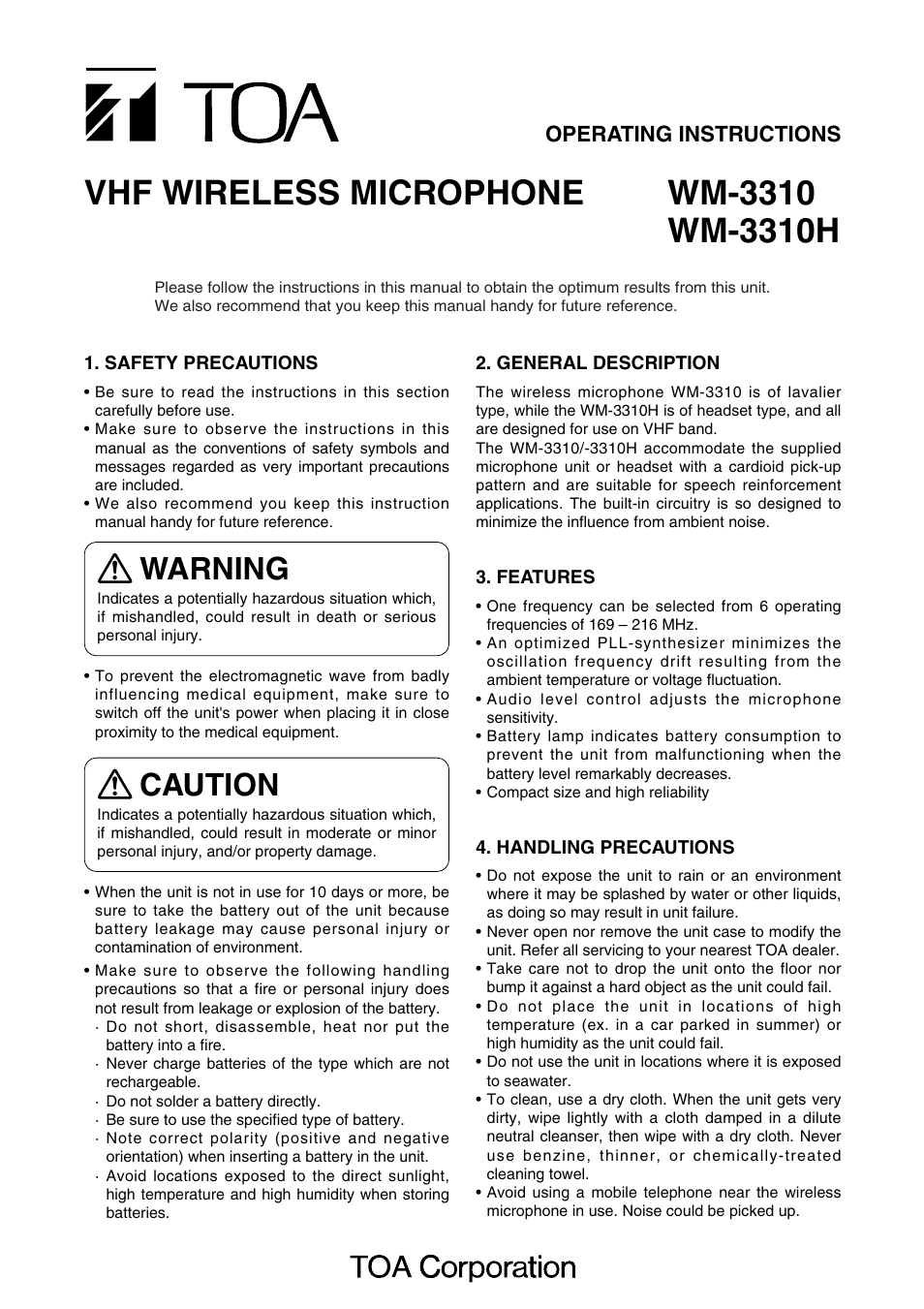 Toa WM-3310H User Manual | 4 pages