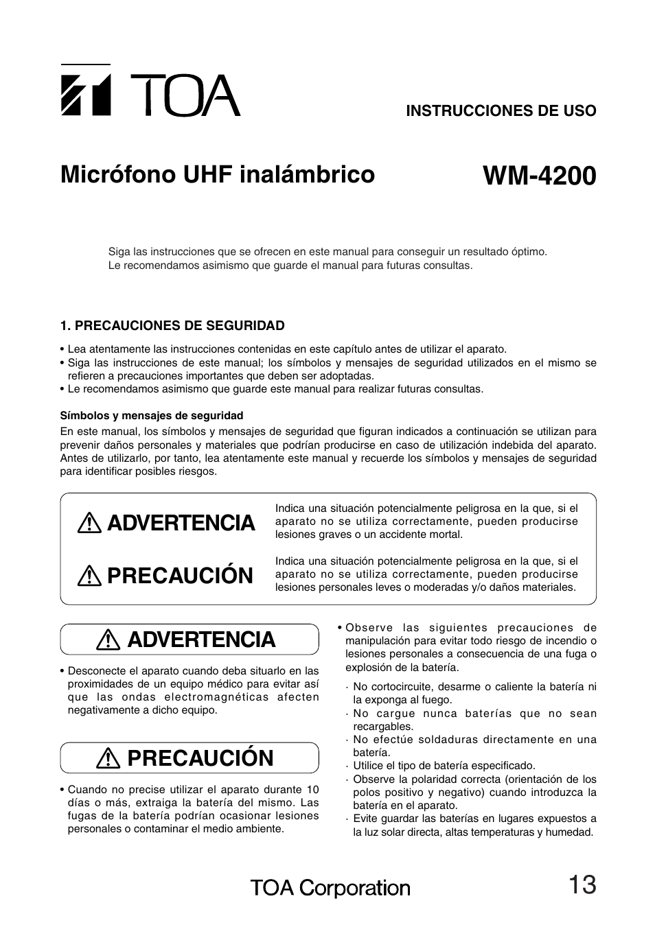 Wm-4200, Micrófono uhf inalámbrico, Advertencia precaución | Advertencia, Precaución | Toa WM-4200 User Manual | Page 13 / 16