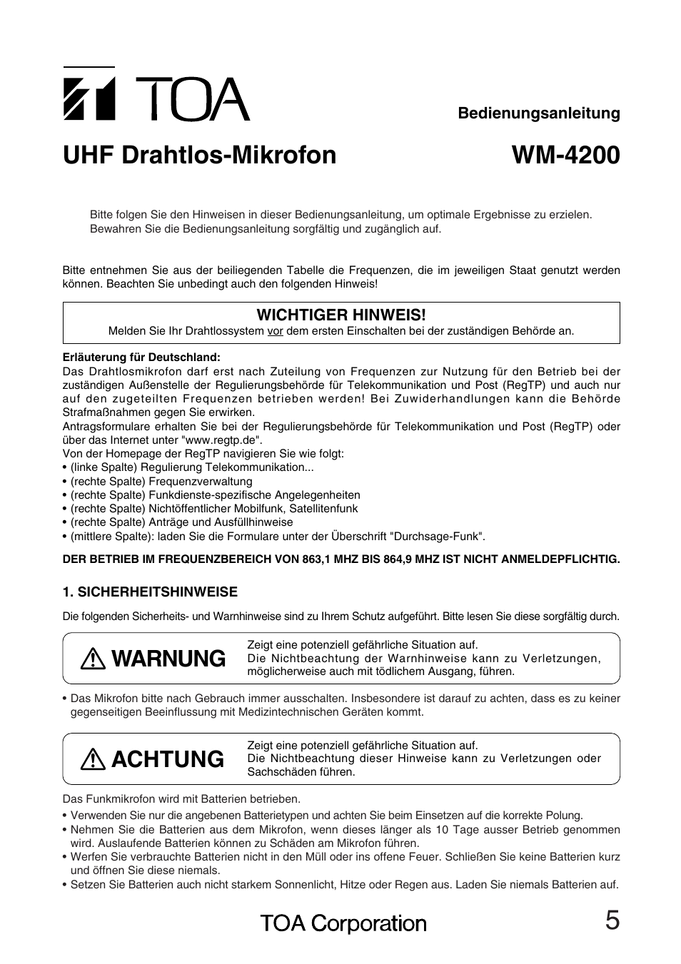 Wm-4200 uhf drahtlos-mikrofon, Warnung, Achtung | Toa WM-4200 User Manual | Page 5 / 16