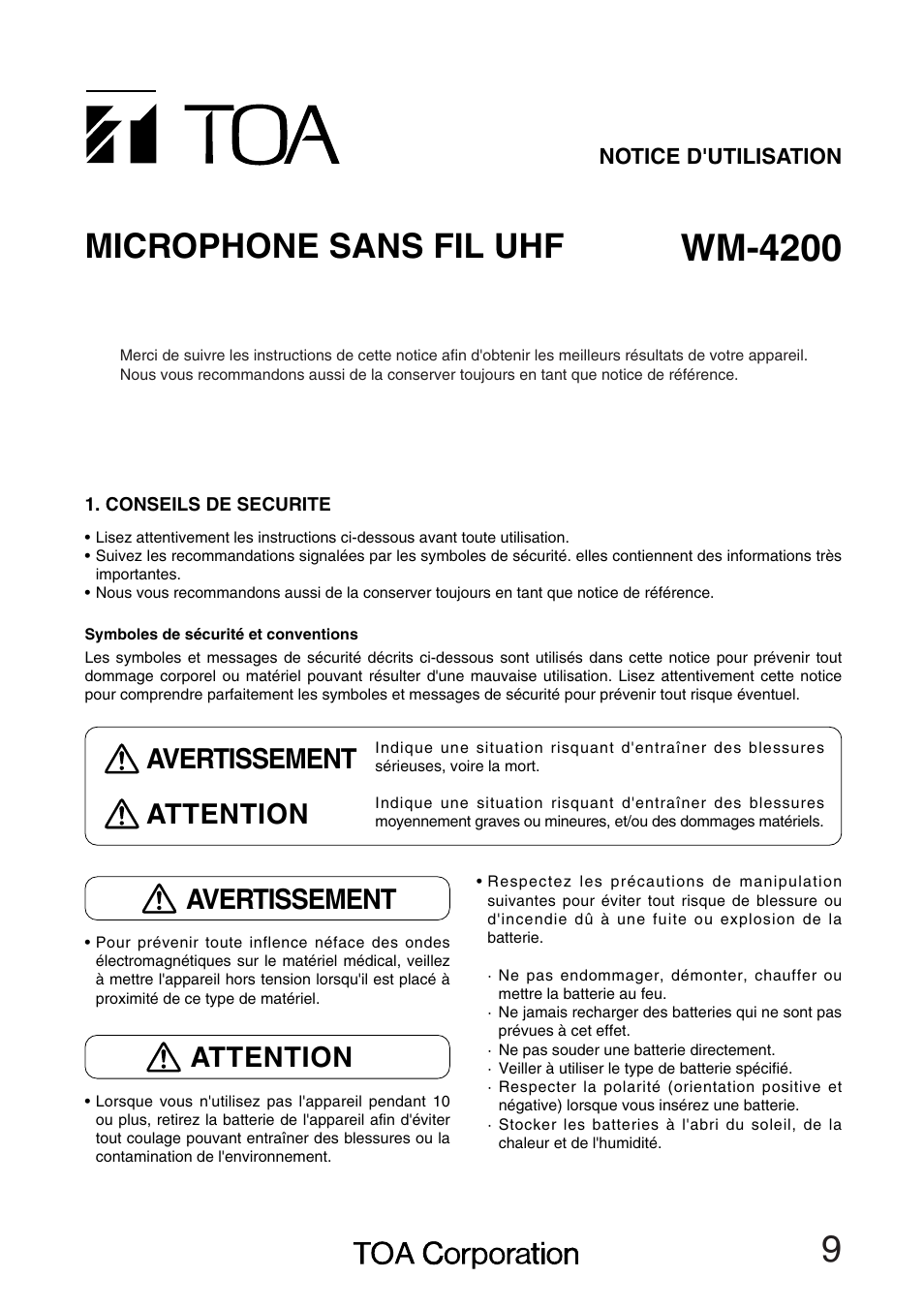 Wm-4200, Microphone sans fil uhf, Avertissement attention | Avertissement, Attention | Toa WM-4200 User Manual | Page 9 / 16