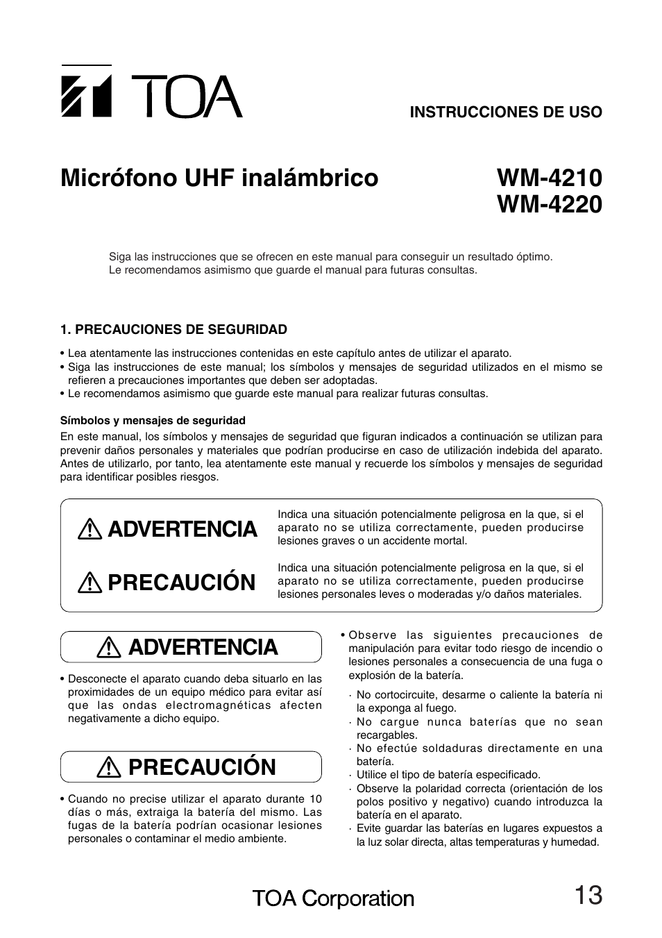 Advertencia precaución, Advertencia, Precaución | Toa WM-4210 User Manual | Page 13 / 16