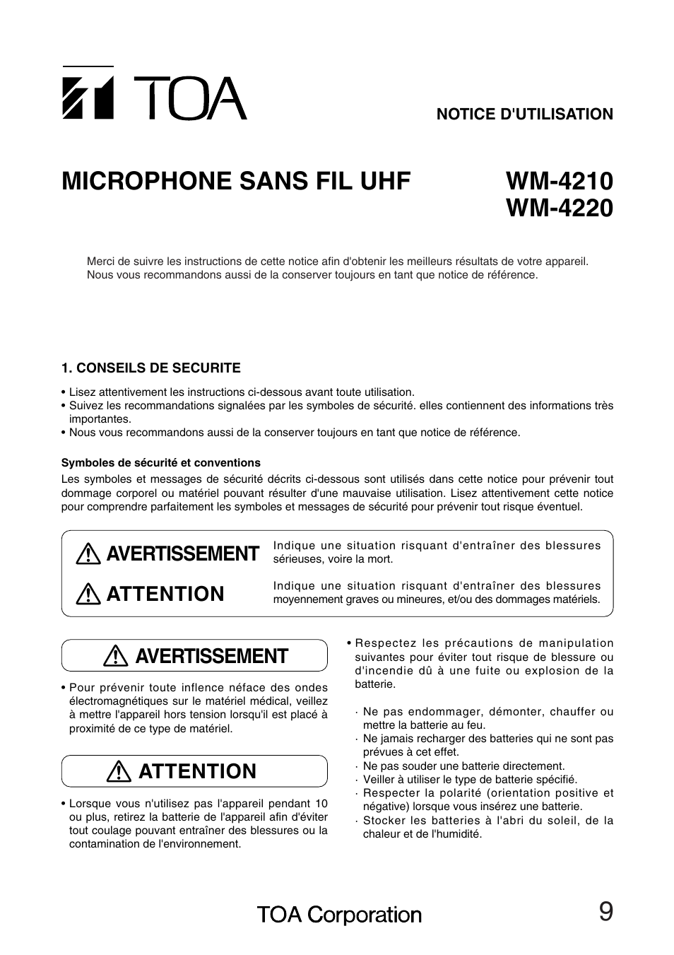 Avertissement attention, Avertissement, Attention | Toa WM-4210 User Manual | Page 9 / 16