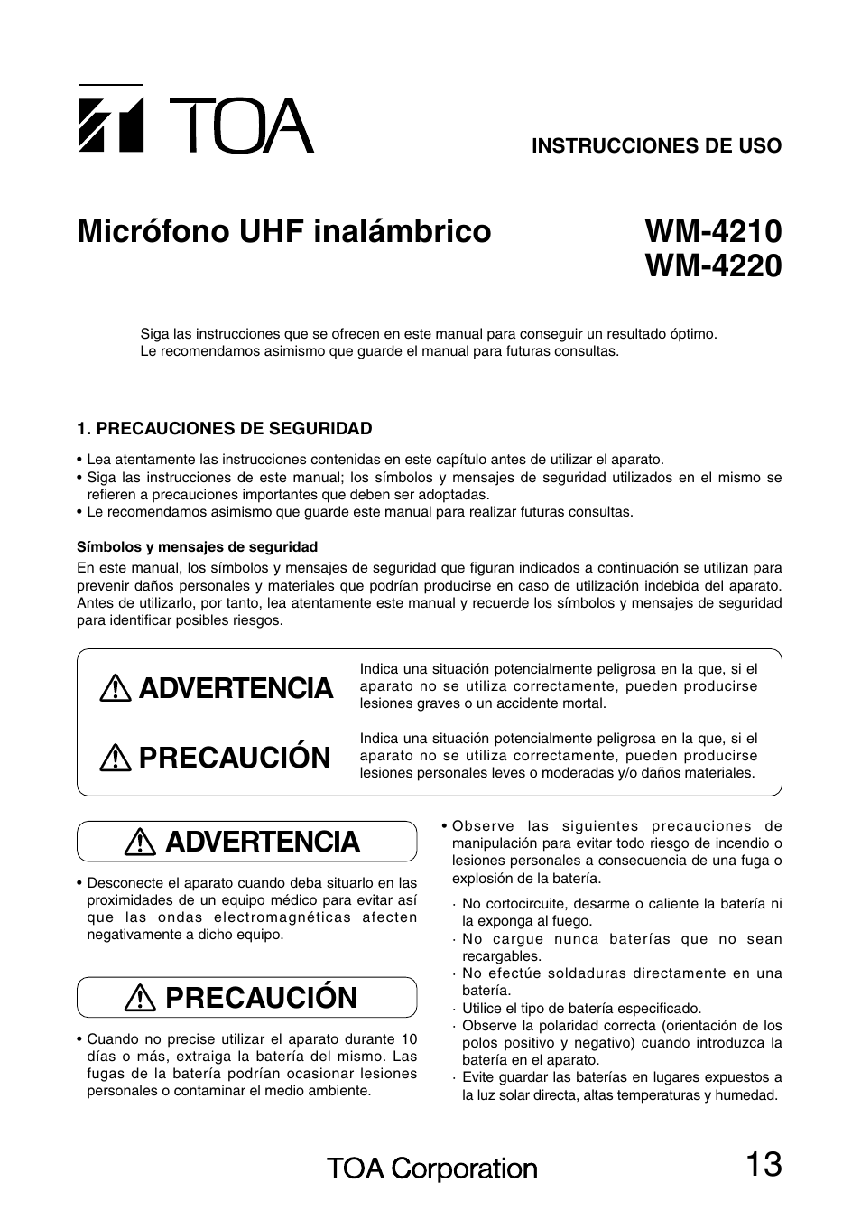 Advertencia precaución, Advertencia, Precaución | Toa WM-4220 User Manual | Page 13 / 16