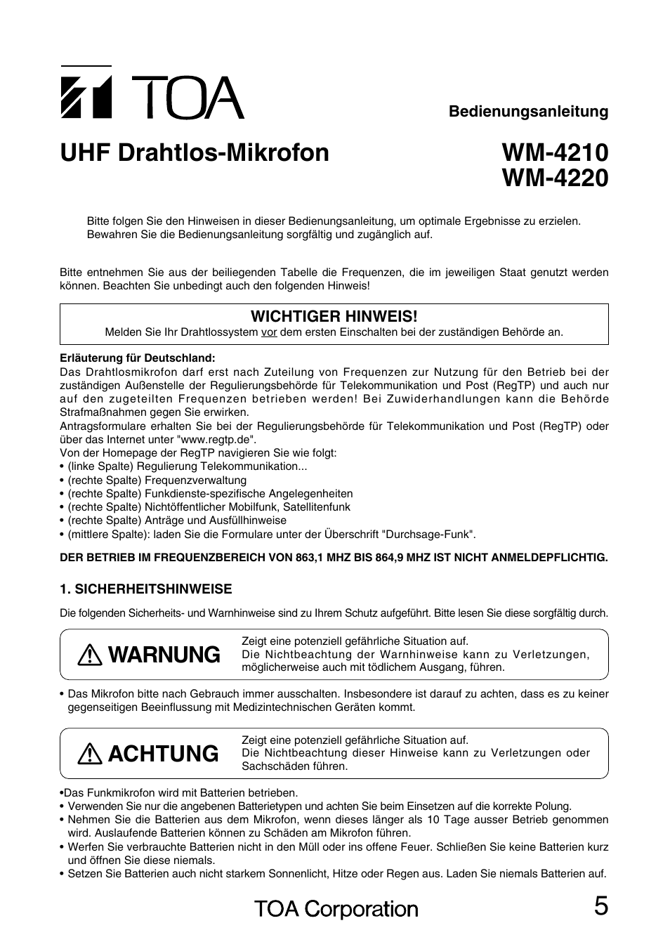 Warnung, Achtung | Toa WM-4220 User Manual | Page 5 / 16