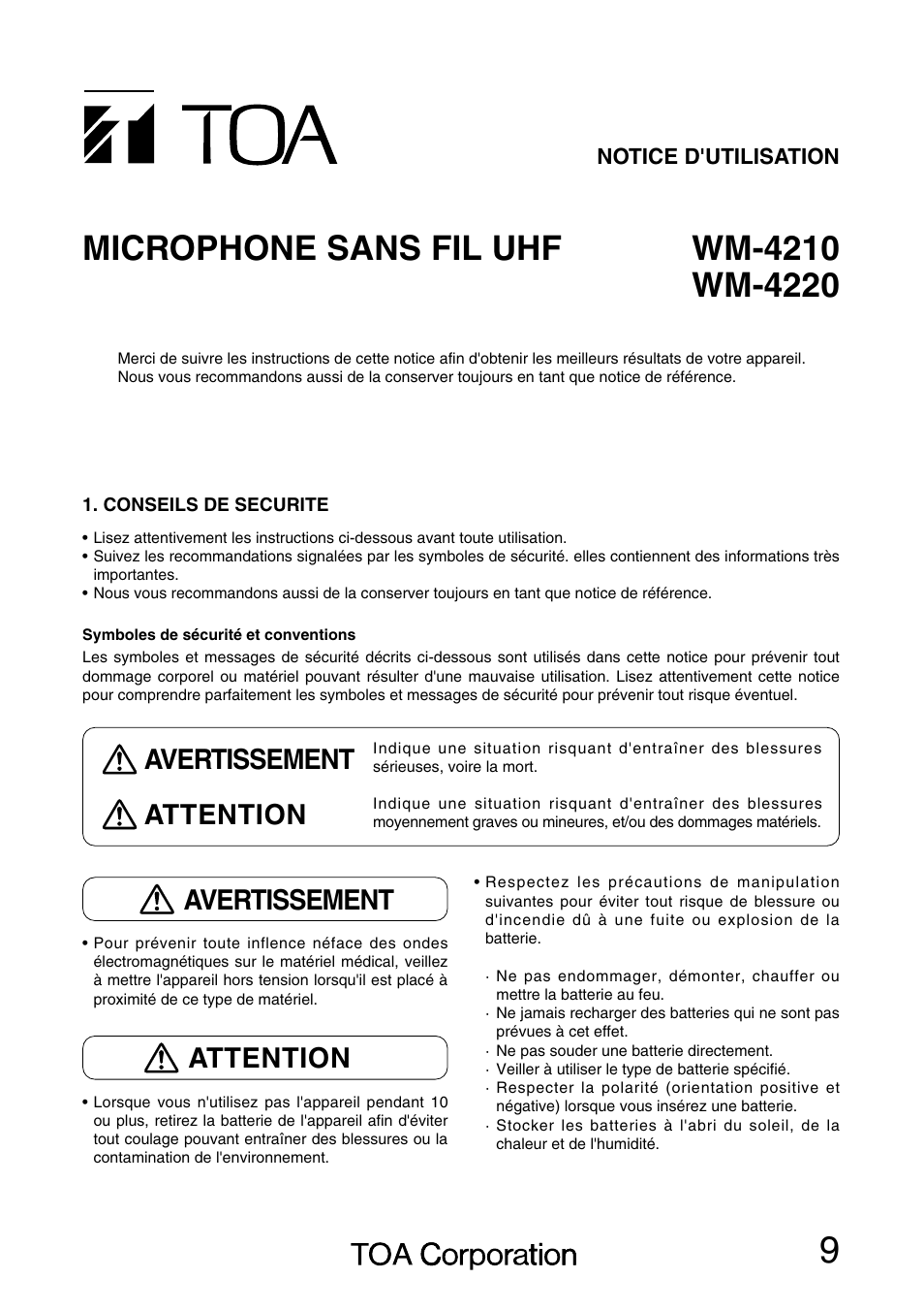 Avertissement attention, Avertissement, Attention | Toa WM-4220 User Manual | Page 9 / 16