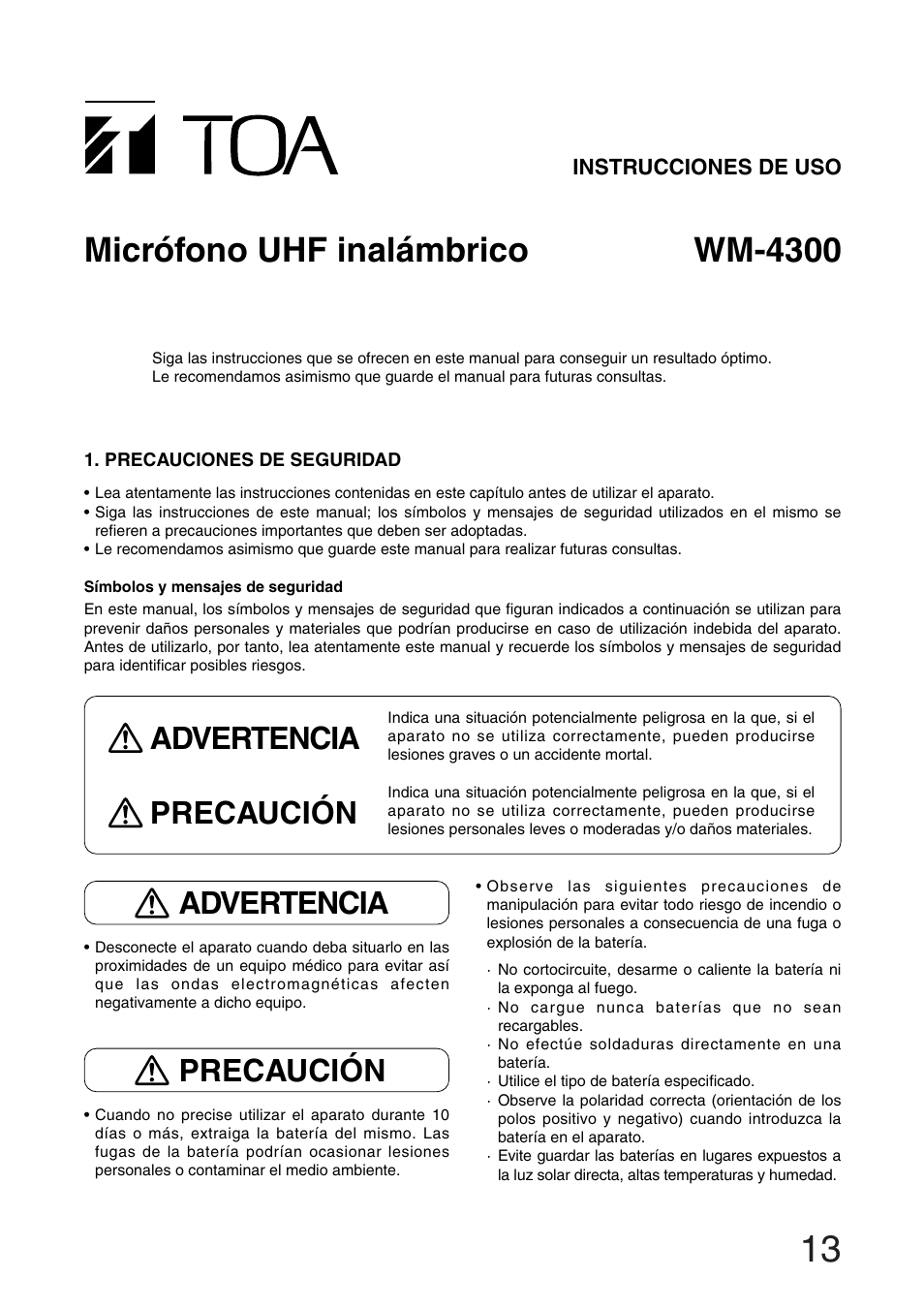 Micrófono uhf inalámbrico wm-4300, Advertencia precaución, Advertencia | Precaución | Toa WM-4300 User Manual | Page 13 / 16