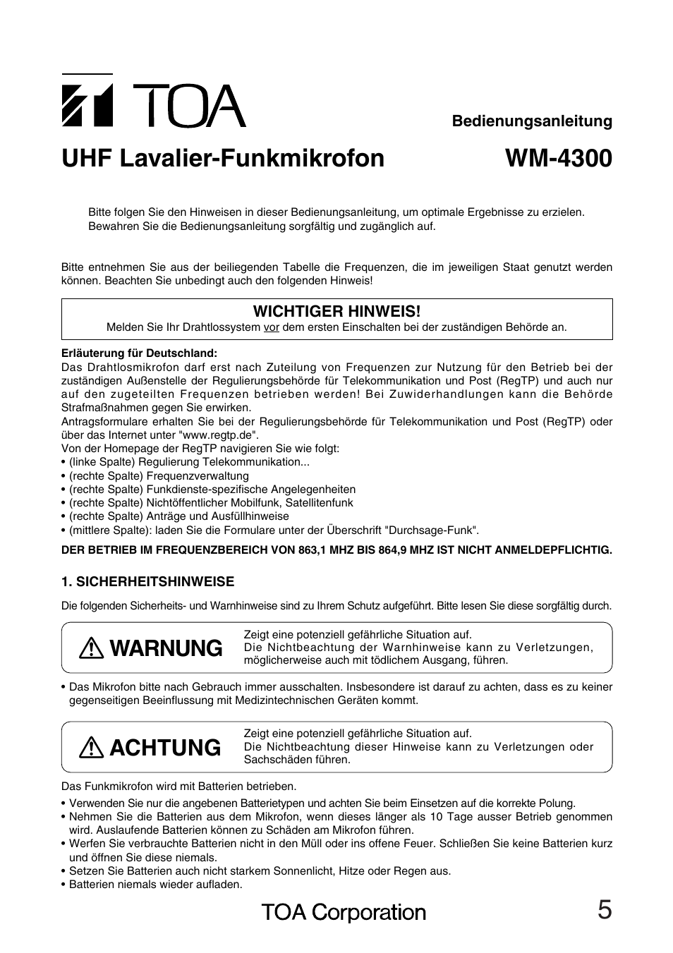 Uhf lavalier-funkmikrofon wm-4300, Warnung, Achtung | Toa WM-4300 User Manual | Page 5 / 16