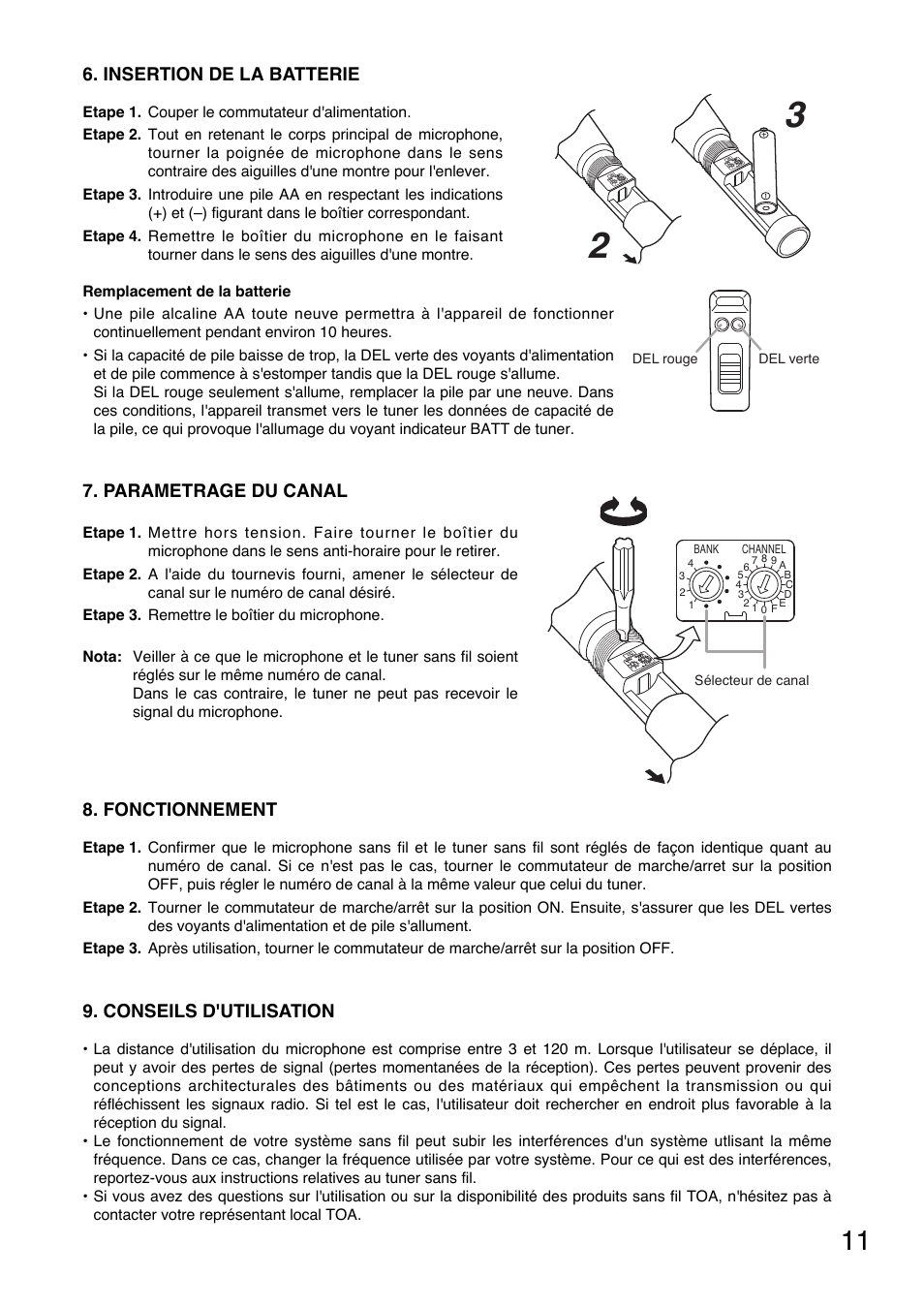 Insertion de la batterie, Parametrage du canal, Conseils d'utilisation | Fonctionnement | Toa WM-5220 User Manual | Page 11 / 24