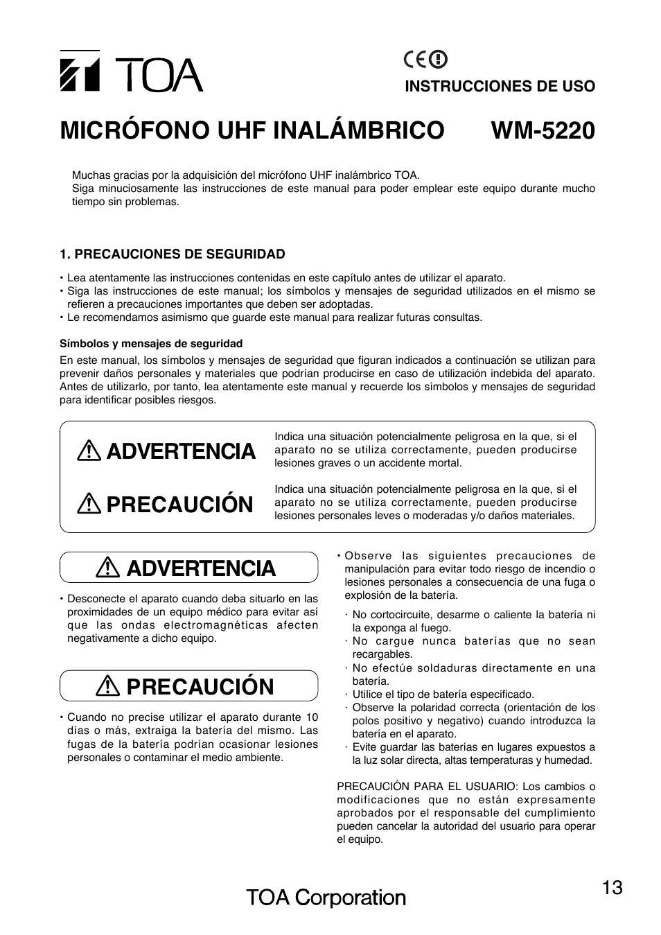 Wm-5220 micrófono uhf inalámbrico, Advertencia precaución, Advertencia | Precaución | Toa WM-5220 User Manual | Page 13 / 24