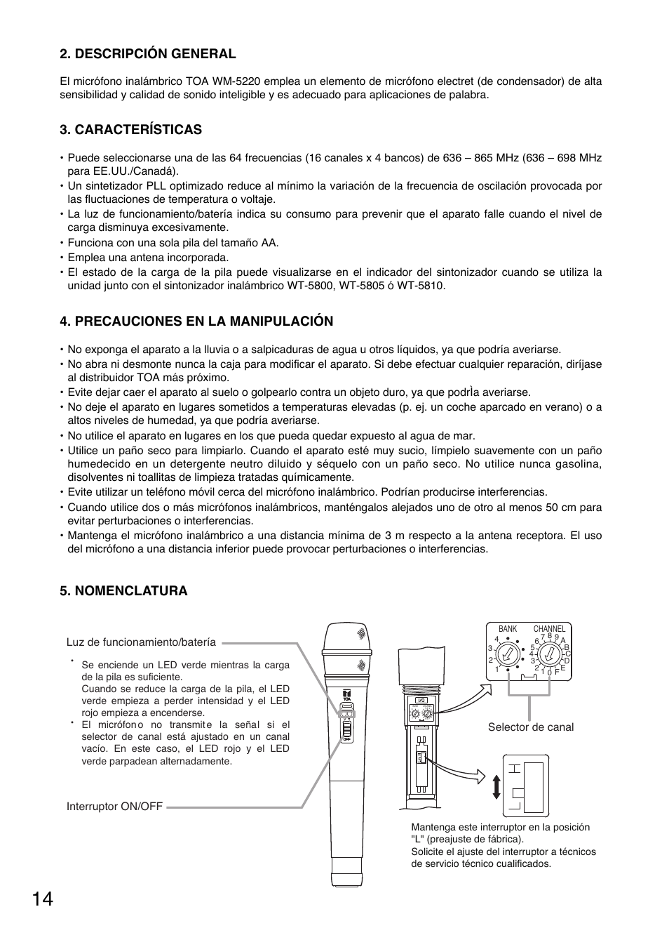 Características, Descripción general, Precauciones en la manipulación | Nomenclatura, Selector de canal | Toa WM-5220 User Manual | Page 14 / 24