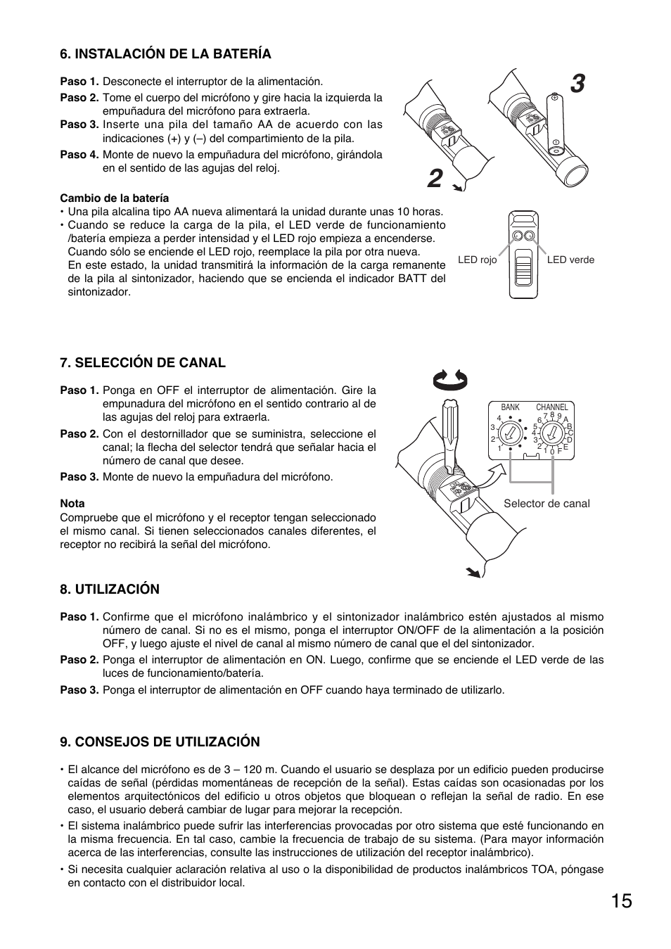Instalación de la batería, Selección de canal, Consejos de utilización | Utilización | Toa WM-5220 User Manual | Page 15 / 24