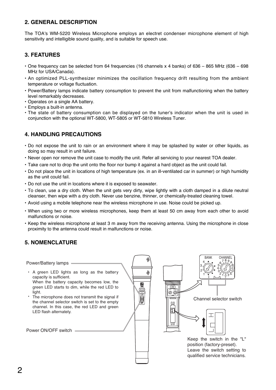 Features, General description, Handling precautions | Nomenclature, Power/battery lamps power on/off switch | Toa WM-5220 User Manual | Page 2 / 24