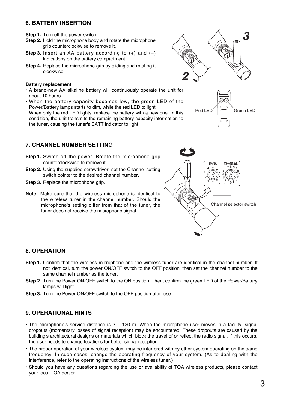 Battery insertion, Channel number setting, Operational hints | Operation | Toa WM-5220 User Manual | Page 3 / 24