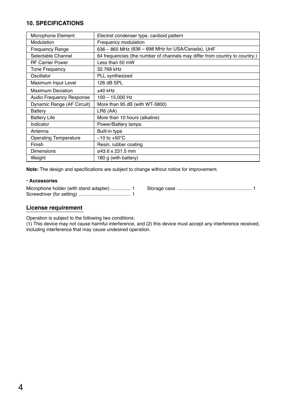 Specifications, License requirement | Toa WM-5220 User Manual | Page 4 / 24