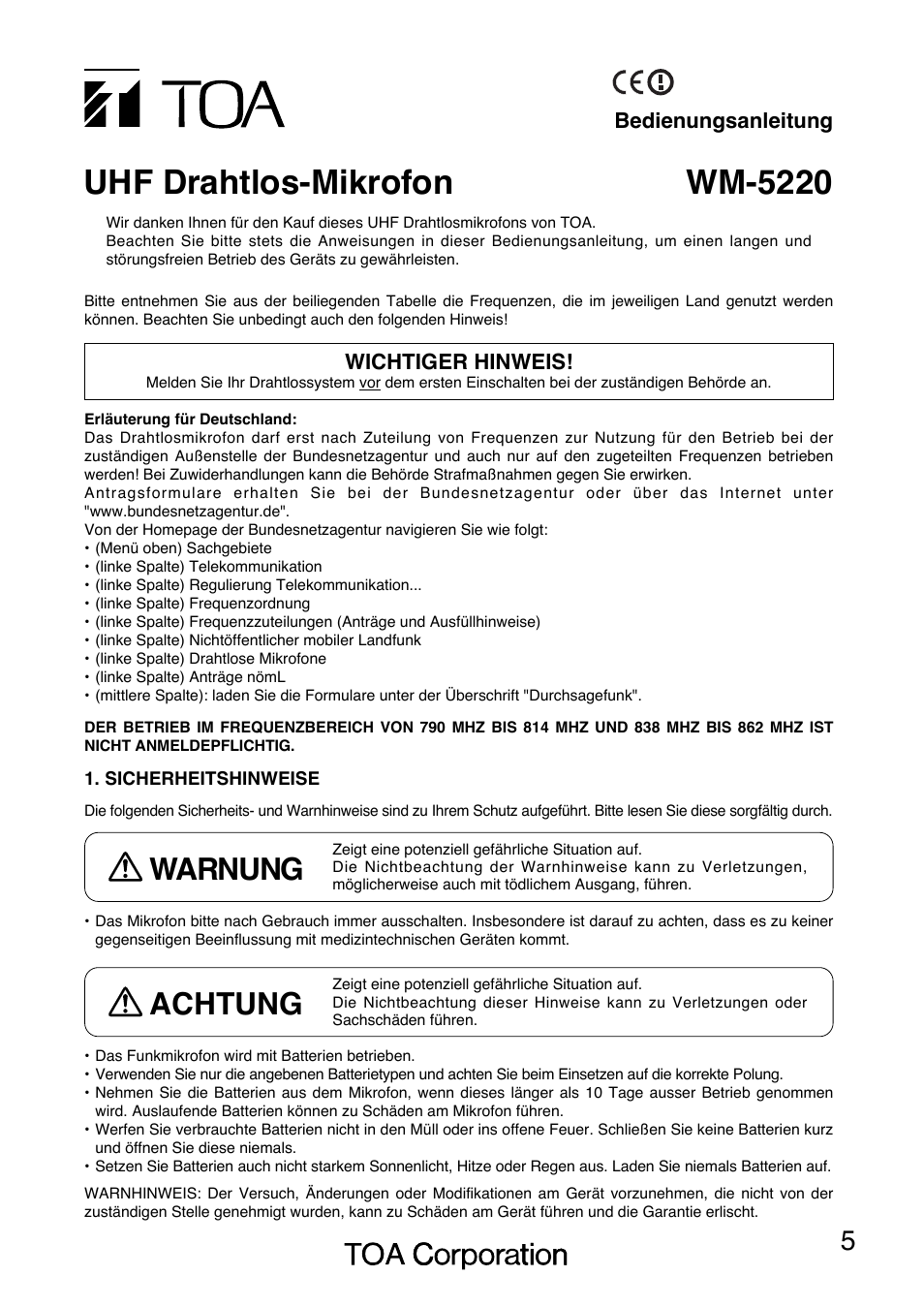 Wm-5220 uhf drahtlos-mikrofon, Warnung, Achtung | Toa WM-5220 User Manual | Page 5 / 24