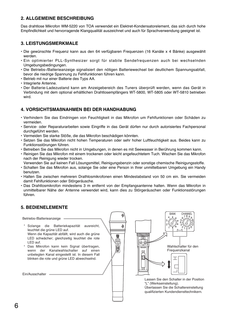 Allgemeine beschreibung, Leistungsmerkmale, Vorsichtsmaßnahmen bei der handhabung | Bedienelemente | Toa WM-5220 User Manual | Page 6 / 24