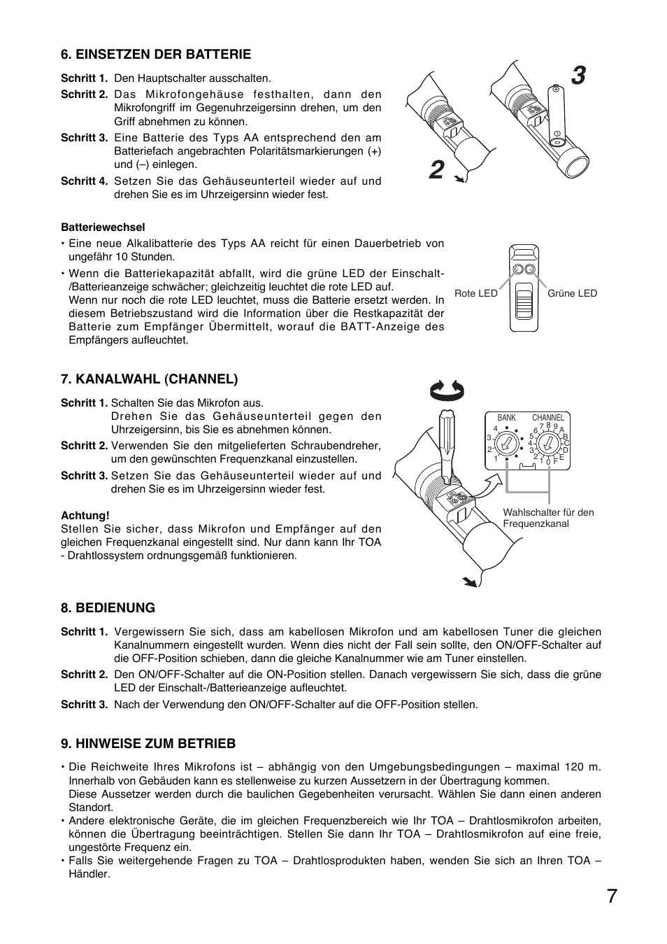 Einsetzen der batterie, Kanalwahl (channel), Bedienung | Hinweise zum betrieb | Toa WM-5220 User Manual | Page 7 / 24