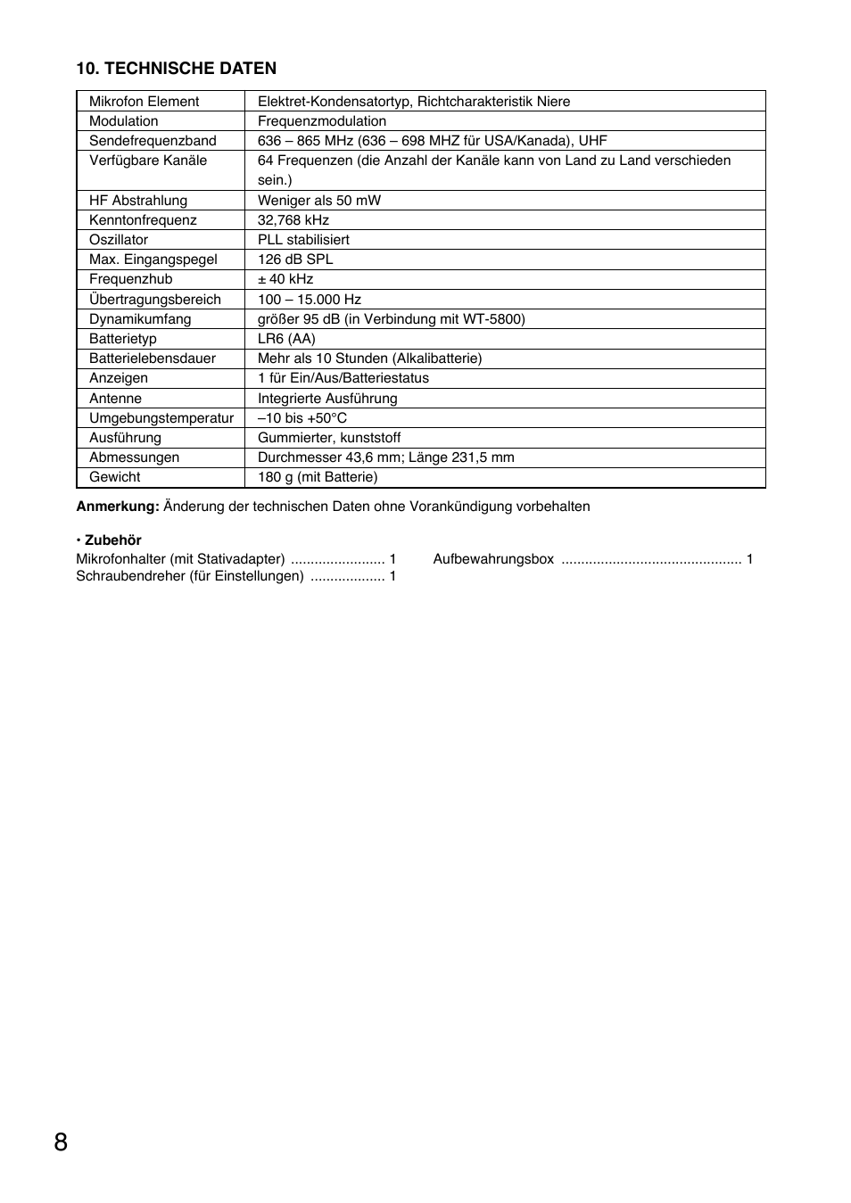 Technische daten | Toa WM-5220 User Manual | Page 8 / 24