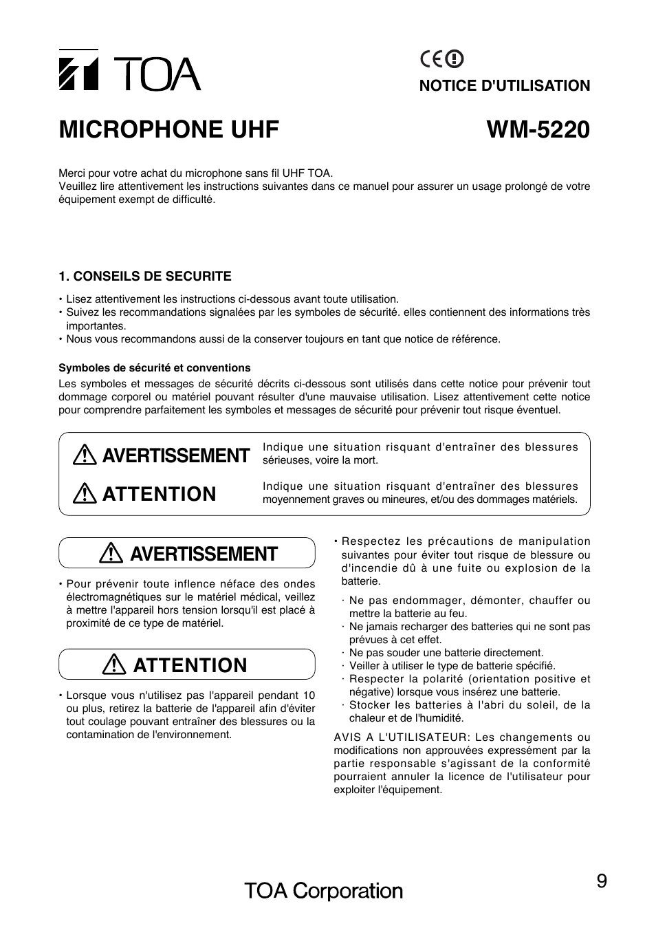 Wm-5220 microphone uhf, Avertissement attention, Avertissement | Attention | Toa WM-5220 User Manual | Page 9 / 24
