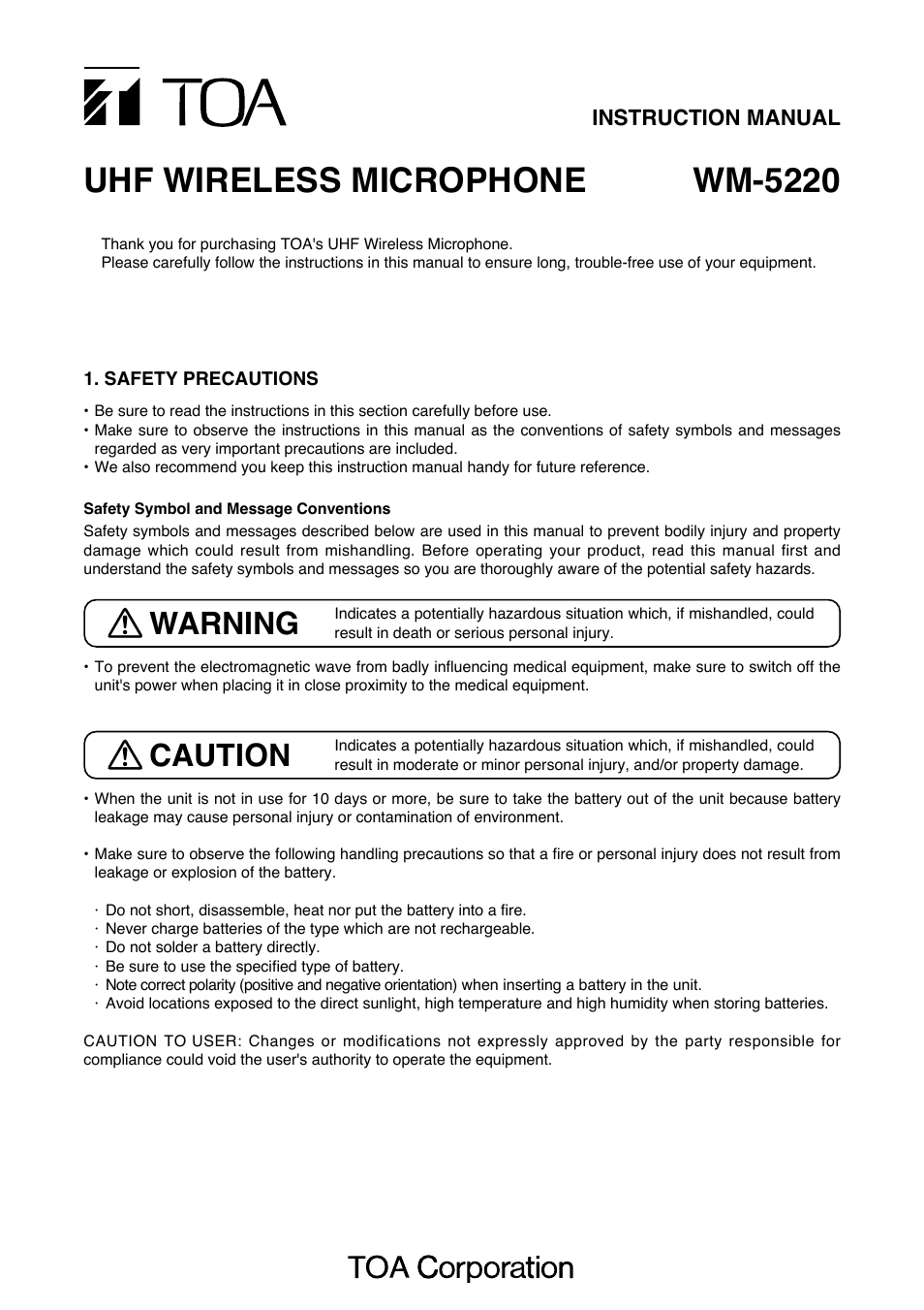 Toa WM-5220 F01 User Manual | 4 pages