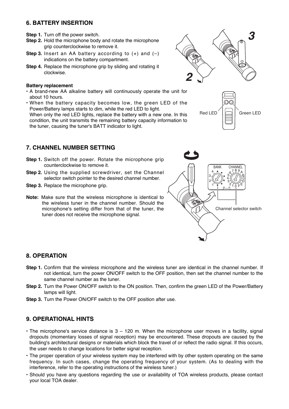 Battery insertion, Channel number setting, Operational hints | Operation | Toa WM-5220 F01 User Manual | Page 3 / 4