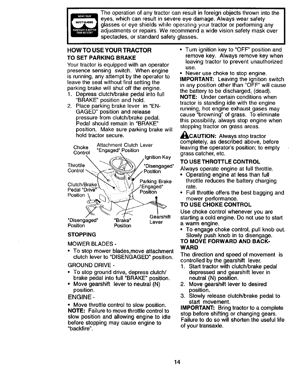 To set parking brake, Stopping, Engine | To use throttle control, To move forward and backward | Craftsman 917.271815 User Manual | Page 14 / 60