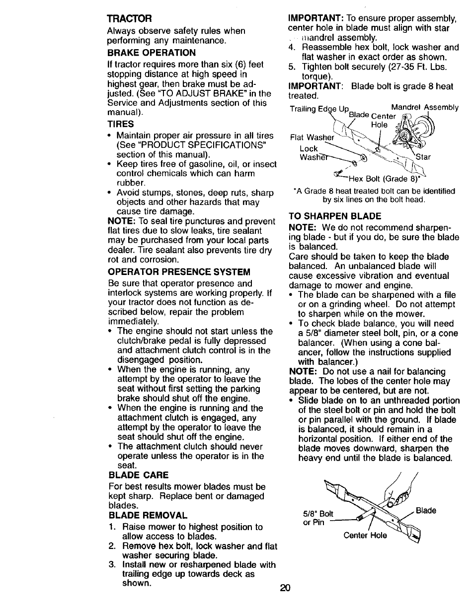 Brake operation, Tires, Operator presence system | Blade care, Blade removal | Craftsman 917.271815 User Manual | Page 20 / 60