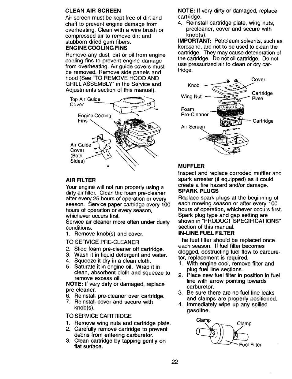 Clean air screen, Air filter, Muffler | Craftsman 917.271815 User Manual | Page 22 / 60