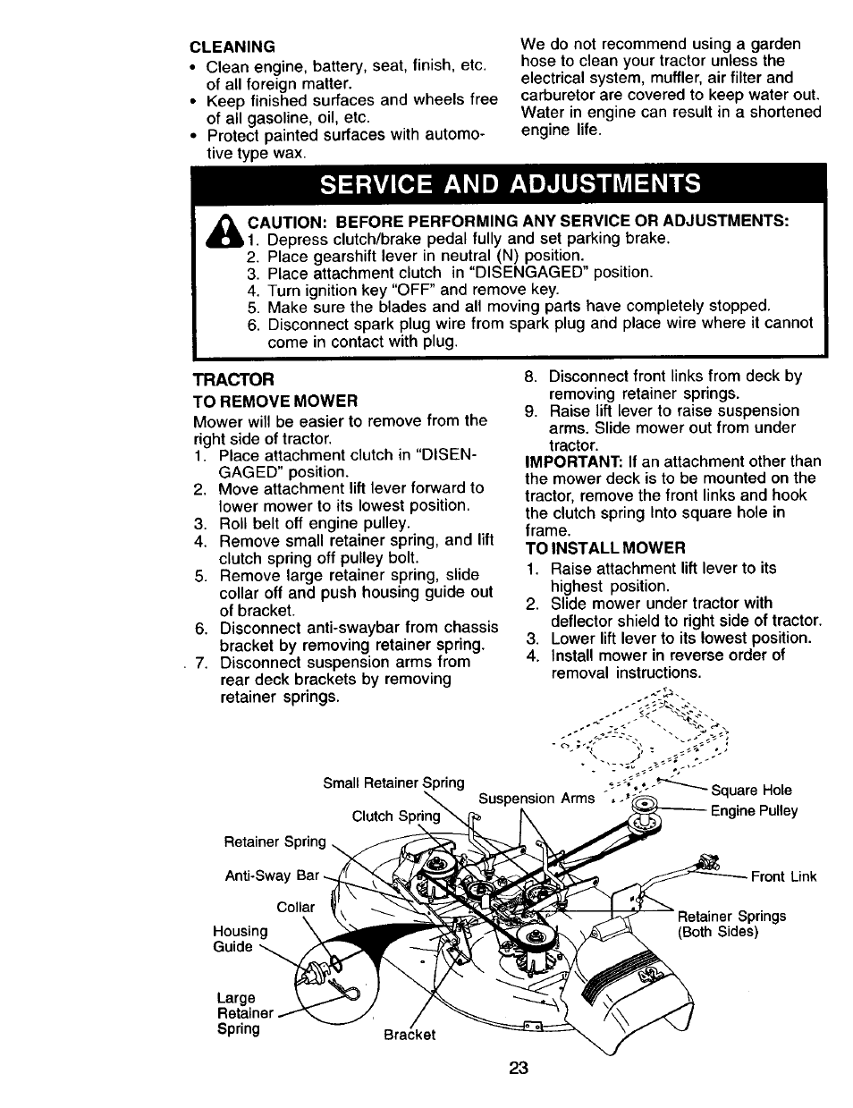 Cleaning, Service and adjustments, To remove mower | To install mower | Craftsman 917.271815 User Manual | Page 23 / 60