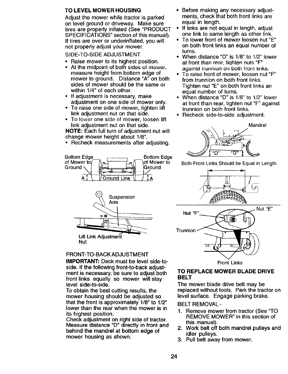 To level mower housing, To replace mower blade drive belt | Craftsman 917.271815 User Manual | Page 24 / 60