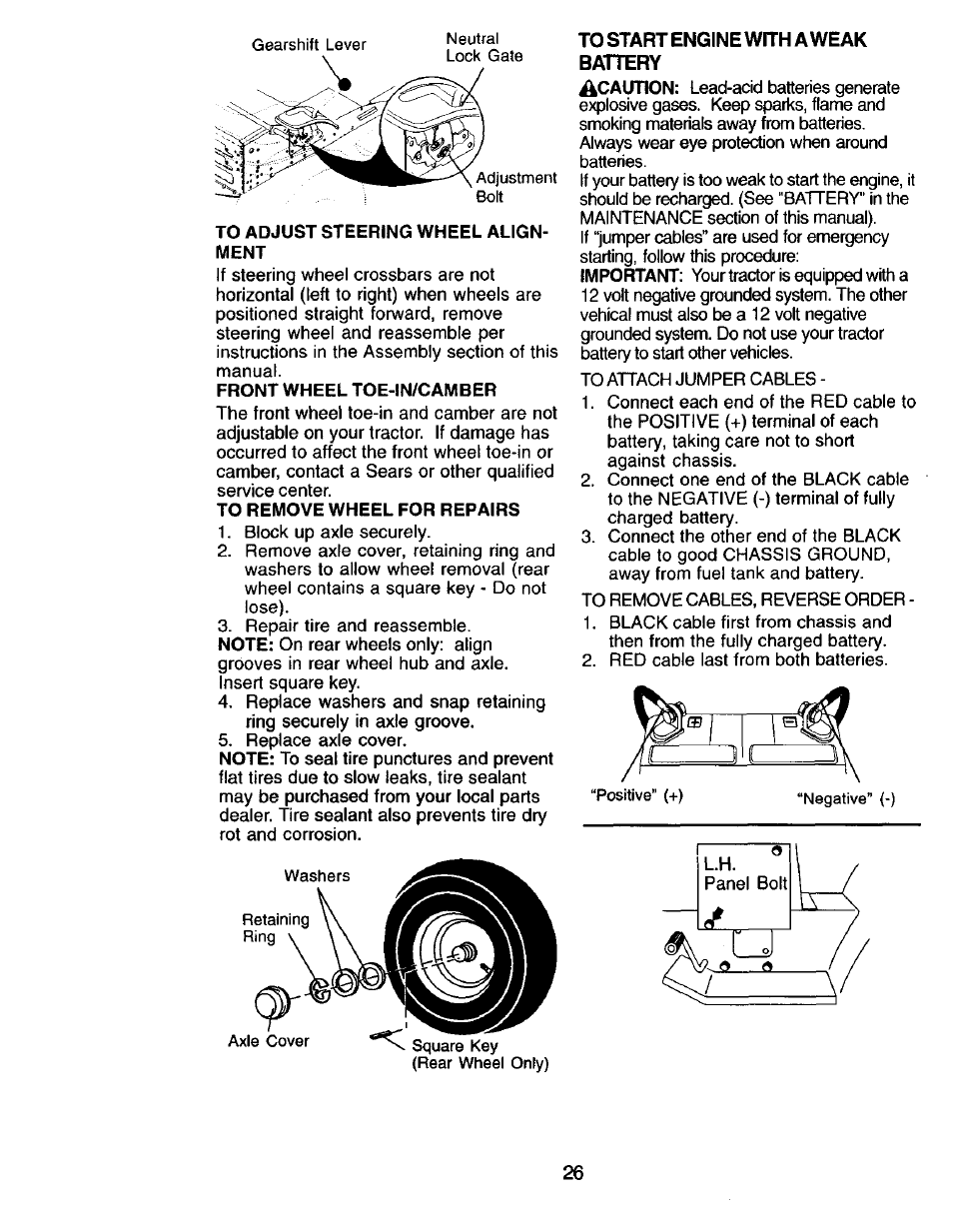To adjust steering wheel alignment, Front wheel toe-in/camber, To remove wheel for repairs | Craftsman 917.271815 User Manual | Page 26 / 60