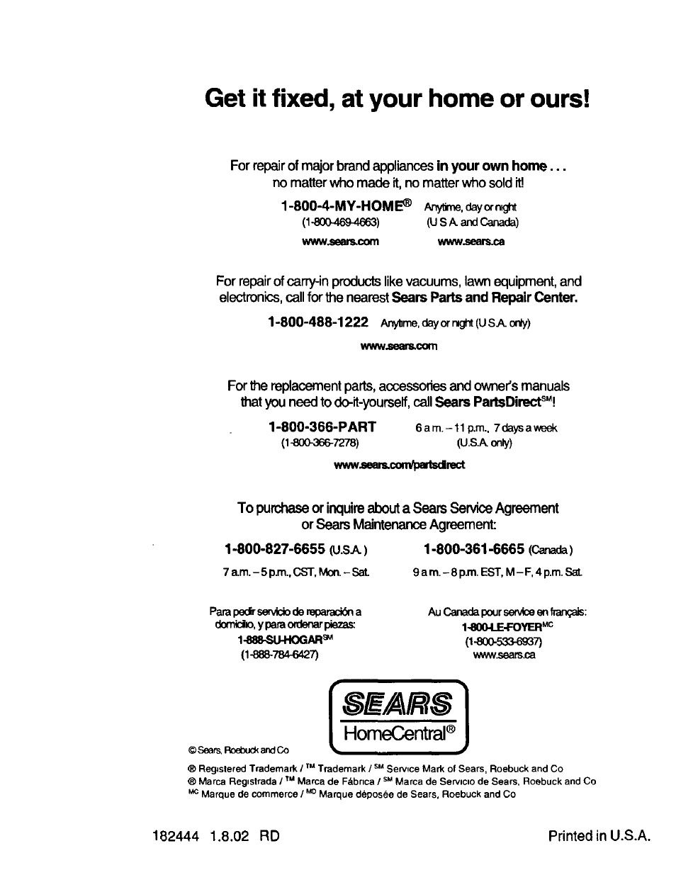 Get it fixed, at your home or ours, 182444 1.8.02 rd, Printed in u.s.a | Craftsman 917.271815 User Manual | Page 60 / 60