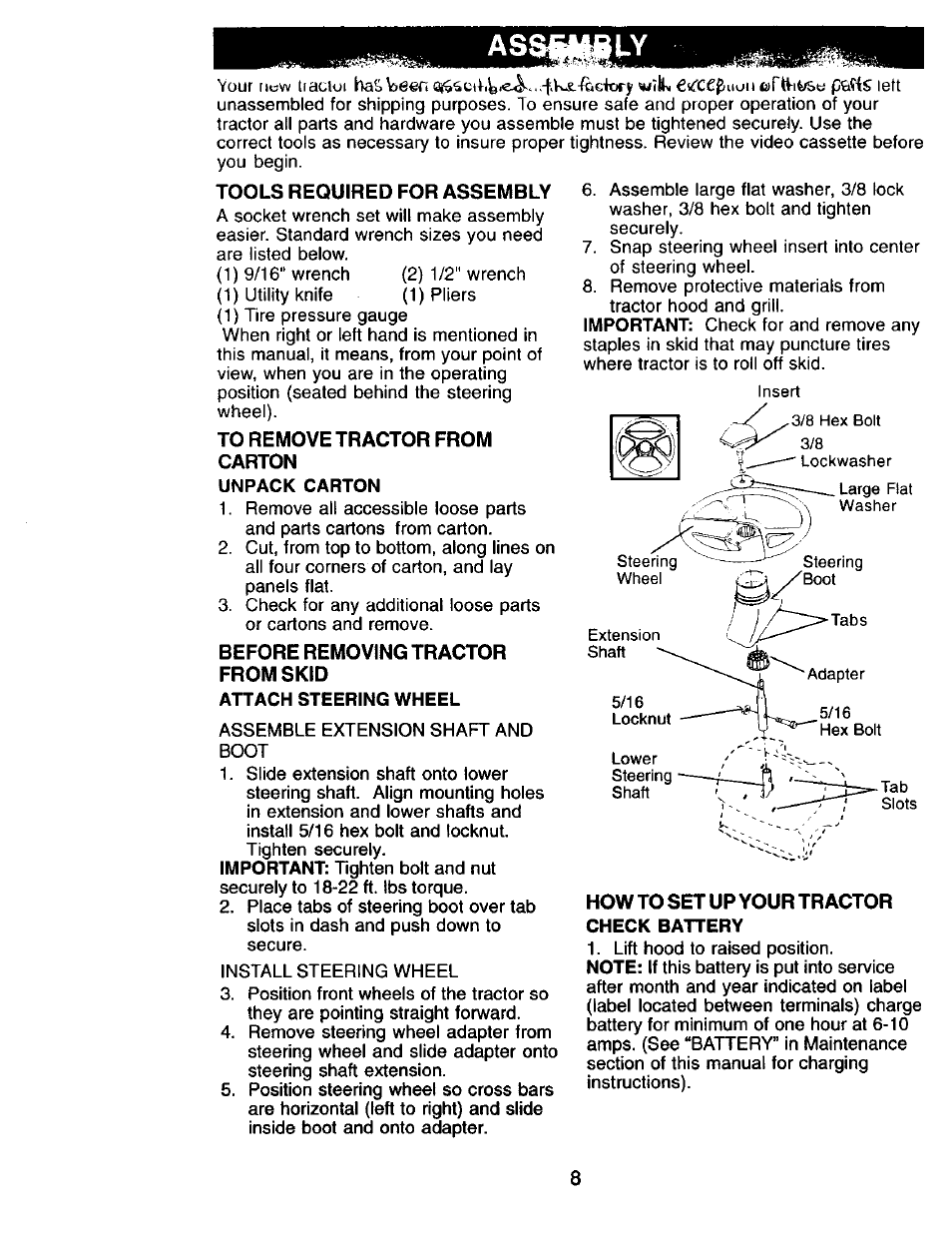 Unpack carton, Attach steering wheel | Craftsman 917.271815 User Manual | Page 8 / 60