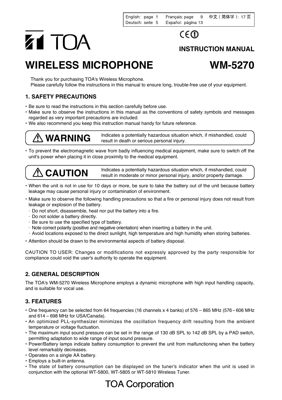 Toa WM-5270 User Manual | 24 pages