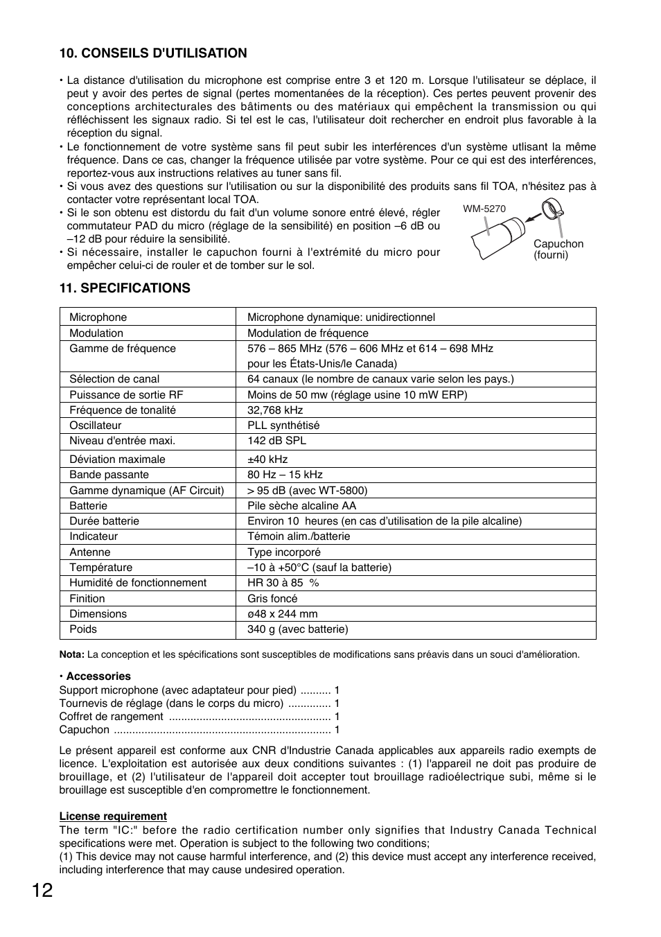 Conseils d'utilisation, Specifications | Toa WM-5270 User Manual | Page 12 / 24