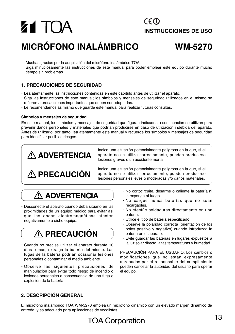 Wm-5270 micrófono inalámbrico, Advertencia precaución, Advertencia | Precaución | Toa WM-5270 User Manual | Page 13 / 24