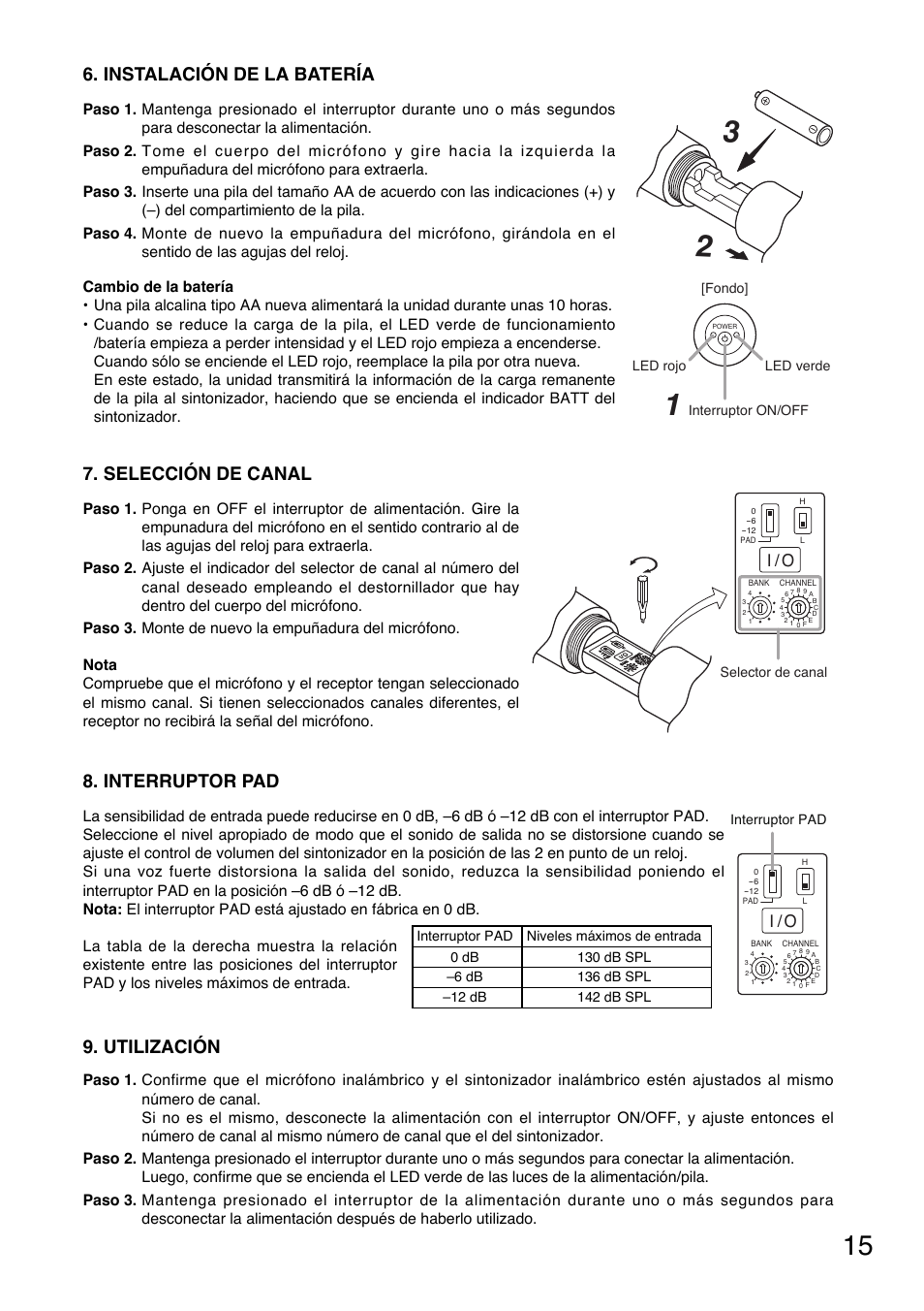 Instalación de la batería, Selección de canal, Utilización | Interruptor pad, I / o | Toa WM-5270 User Manual | Page 15 / 24