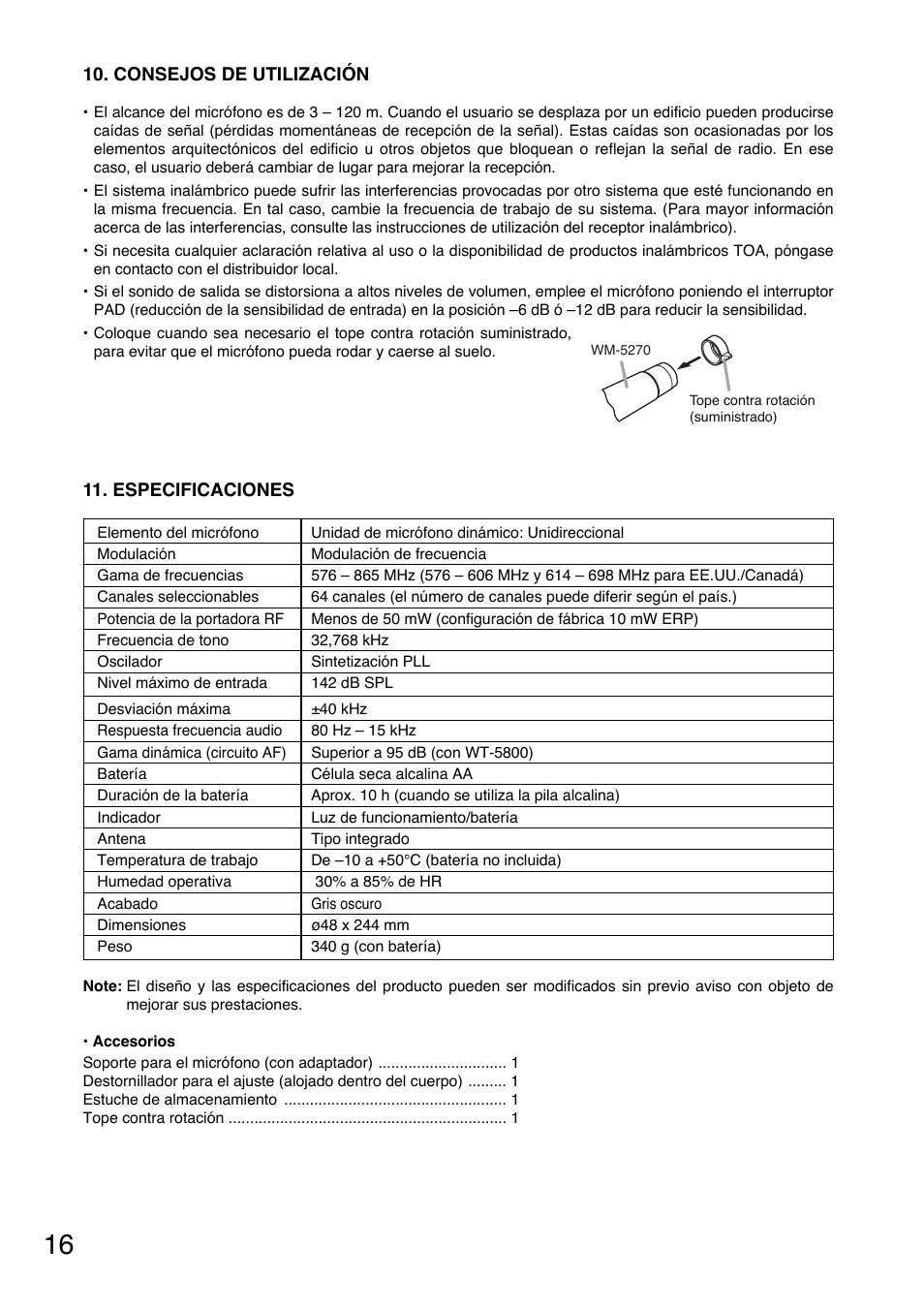 Consejos de utilización, Especificaciones | Toa WM-5270 User Manual | Page 16 / 24