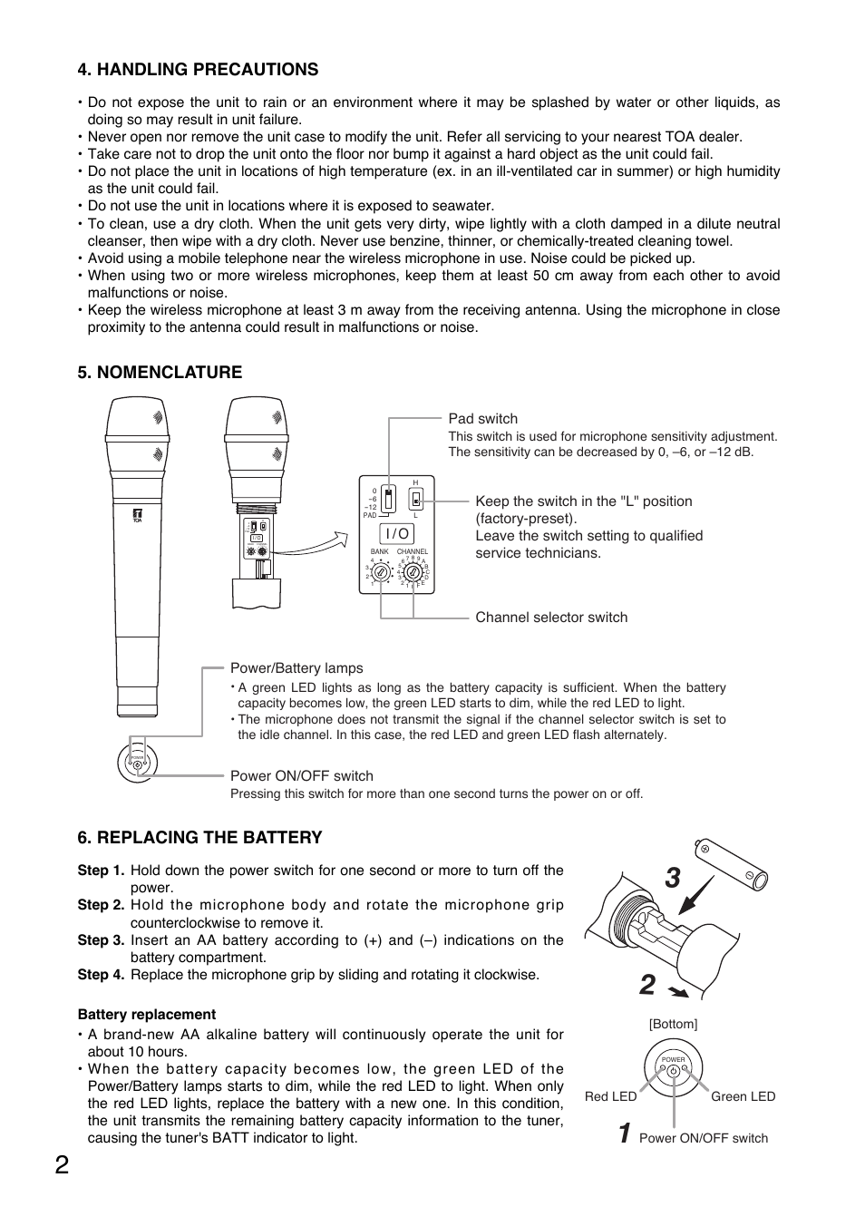 Replacing the battery, Handling precautions, Nomenclature | I / o, Power/battery lamps power on/off switch, Bottom] green led power on/off switch, Red led | Toa WM-5270 User Manual | Page 2 / 24