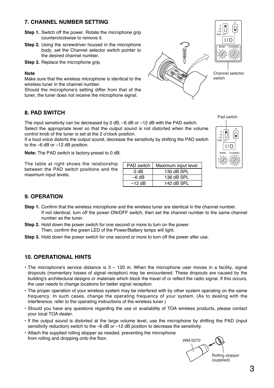 Channel number setting, Pad switch, Operation | Operational hints, I / o | Toa WM-5270 User Manual | Page 3 / 24