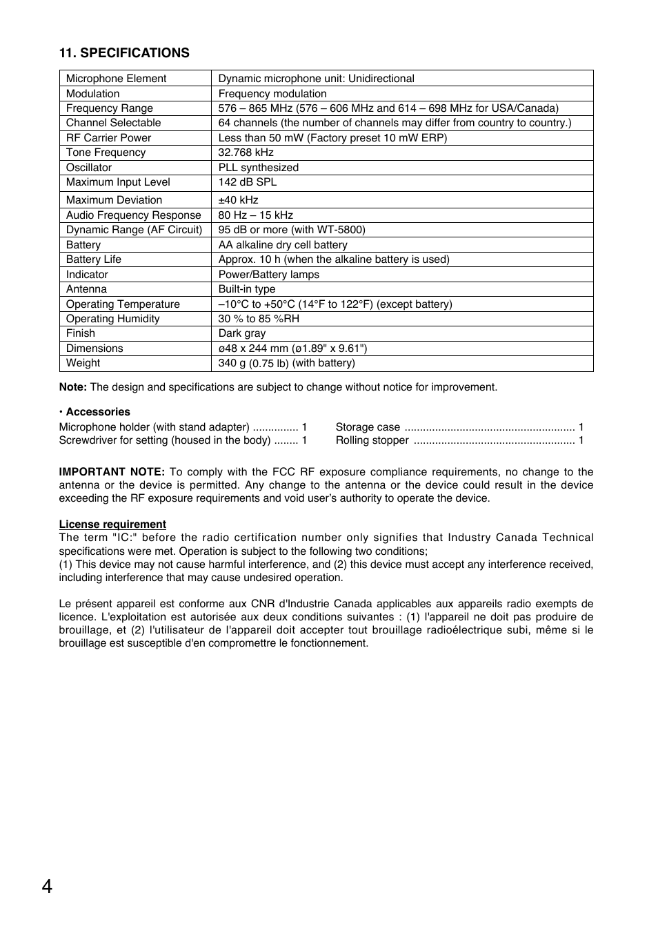 Specifications | Toa WM-5270 User Manual | Page 4 / 24
