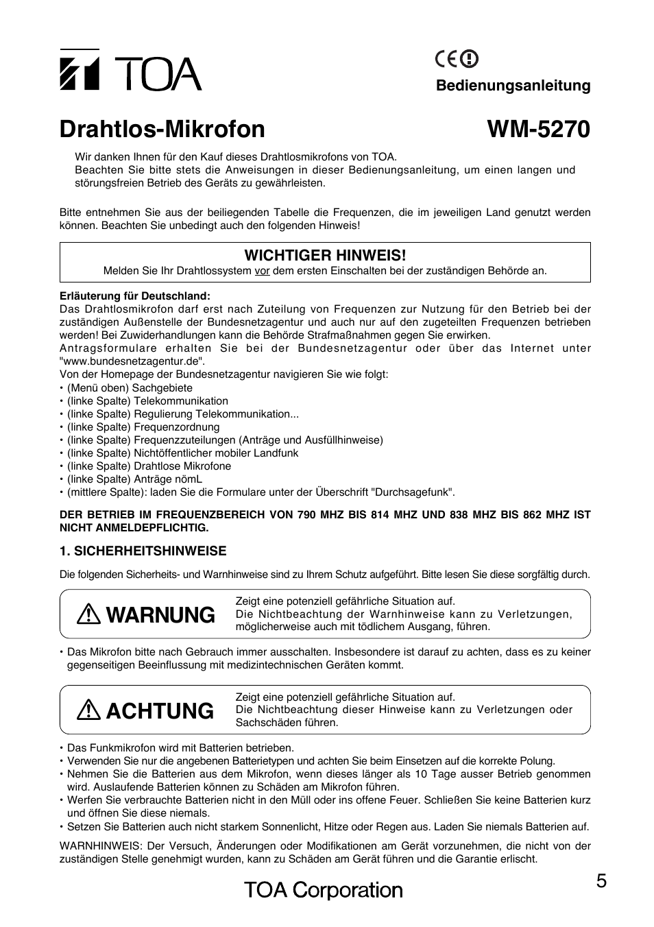 Wm-5270 drahtlos-mikrofon, Warnung, Achtung | Toa WM-5270 User Manual | Page 5 / 24