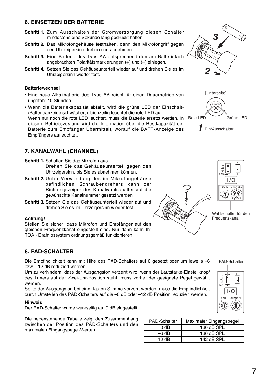 Einsetzen der batterie, Kanalwahl (channel), Pad-schalter | I / o | Toa WM-5270 User Manual | Page 7 / 24