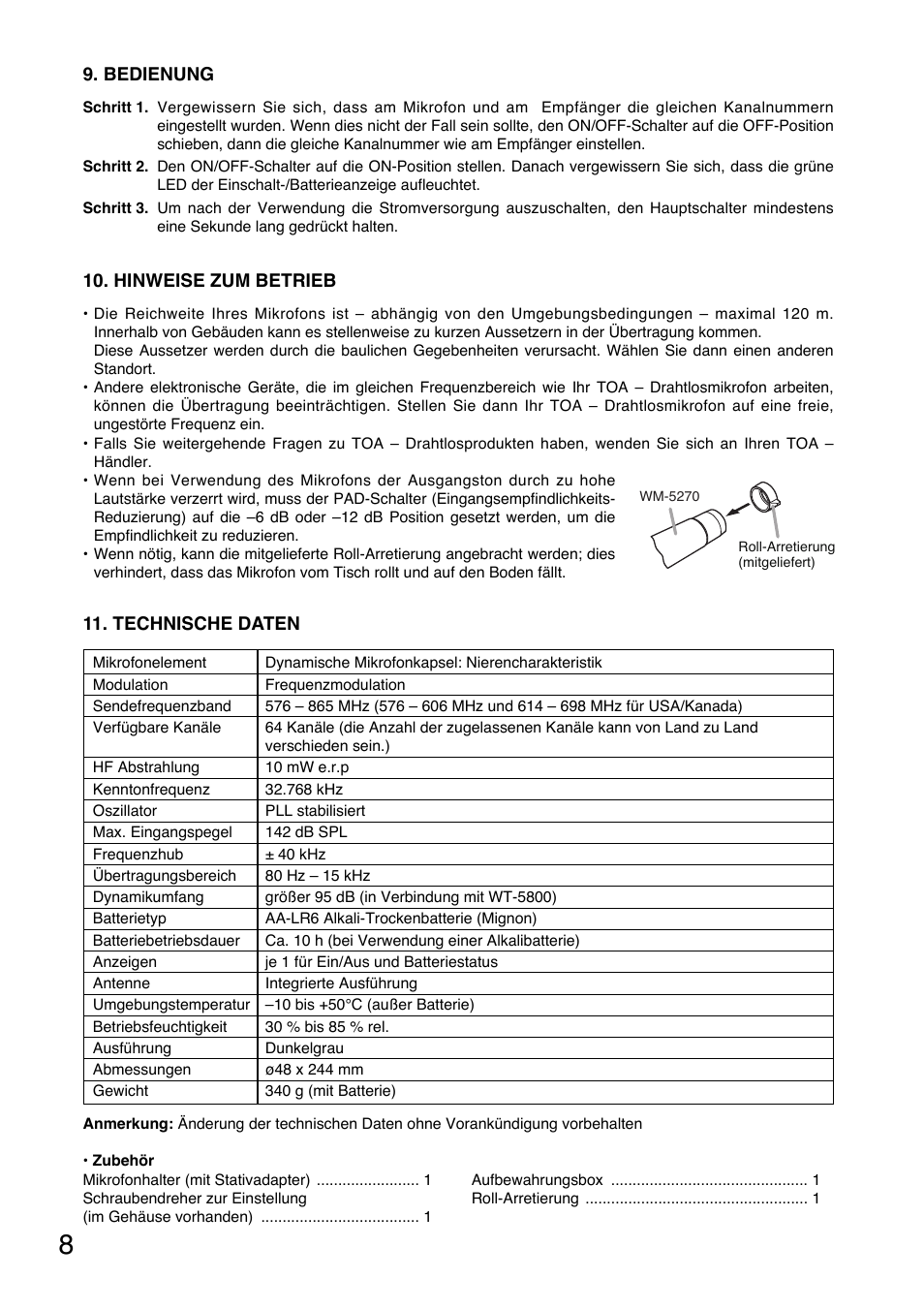 Bedienung, Hinweise zum betrieb, Technische daten | Toa WM-5270 User Manual | Page 8 / 24