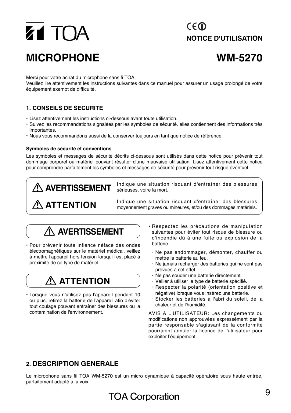Wm-5270 microphone, Avertissement attention, Avertissement | Attention | Toa WM-5270 User Manual | Page 9 / 24