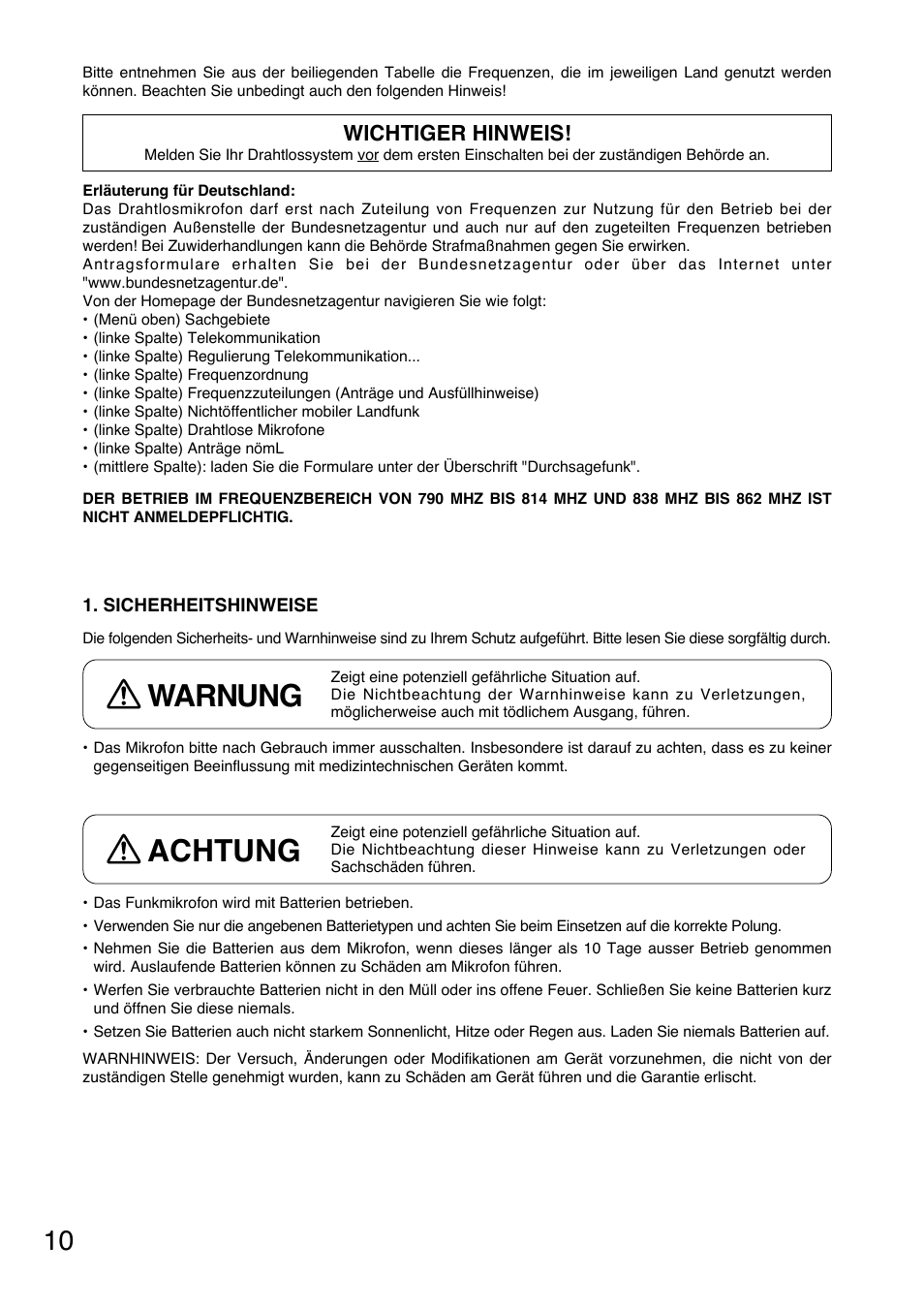 Warnung, Achtung, Wichtiger hinweis | Toa WM-5320A User Manual | Page 10 / 44