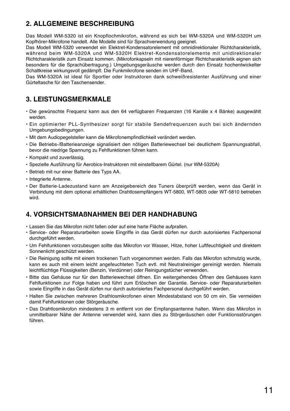 Allgemeine beschreibung, Leistungsmerkmale, Vorsichtsmaßnahmen bei der handhabung | Toa WM-5320A User Manual | Page 11 / 44