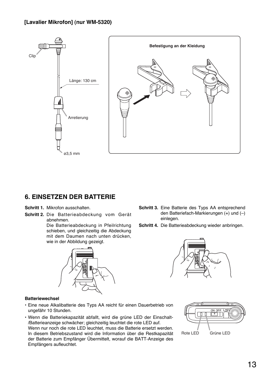 Einsetzen der batterie | Toa WM-5320A User Manual | Page 13 / 44